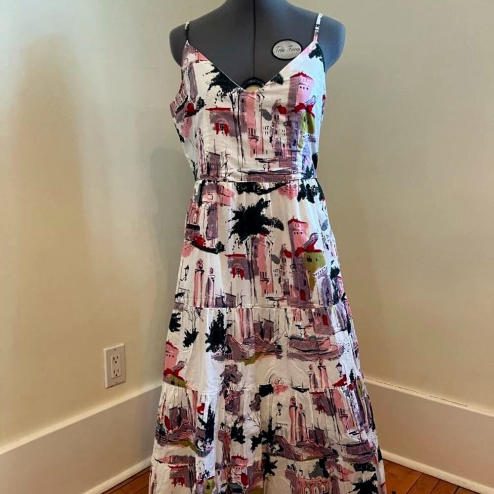 Anthropologie White Maxi Dress with Pink, Black & Green Abstract Print